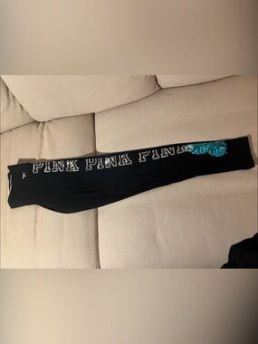 PINK Victoria's Secret Black Leggings with Teal Sequin Heart Accent